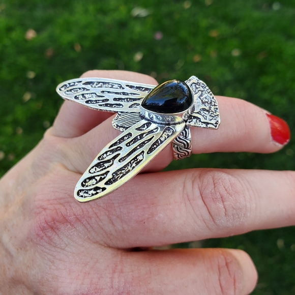 New Black Onyx Flying Insect Silver Ring. - Picture 4 of 15